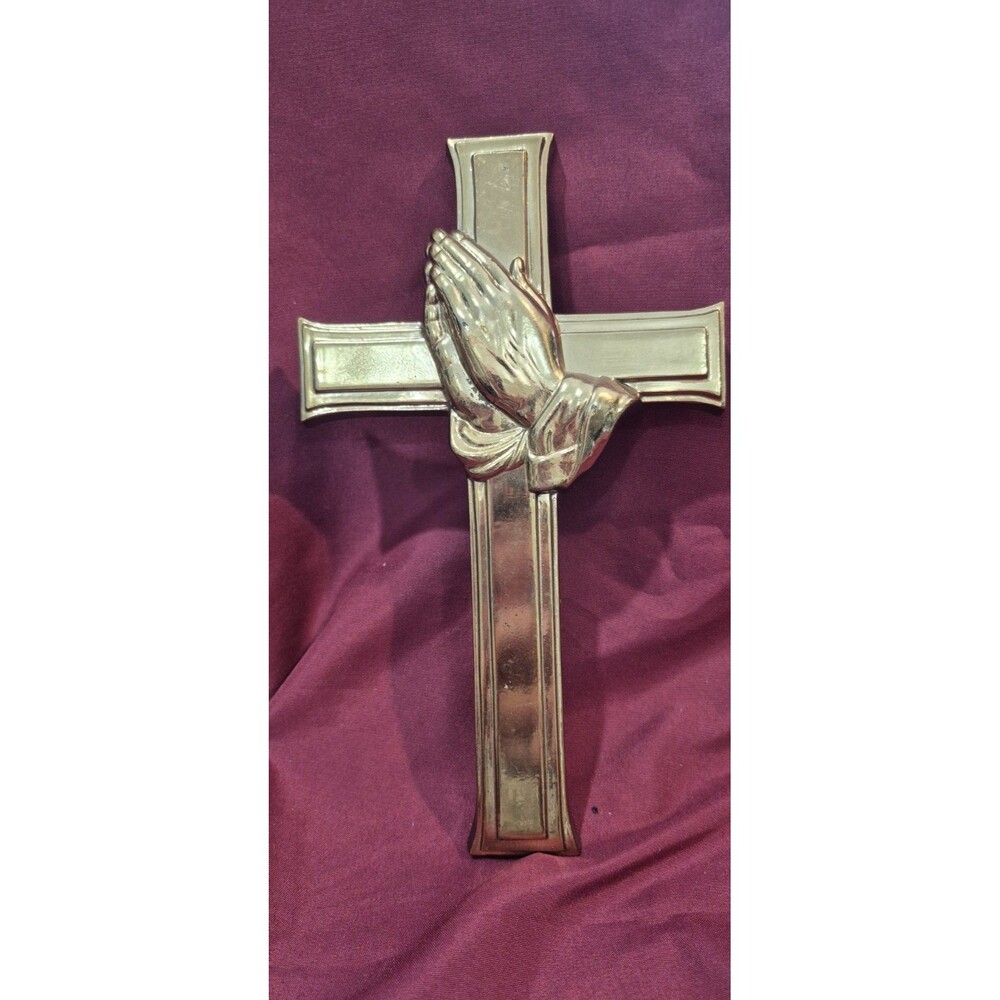 Vintage Burwood 3265 Plastic Gold Cross Wall Art Hanging Praying Hands USA EUC